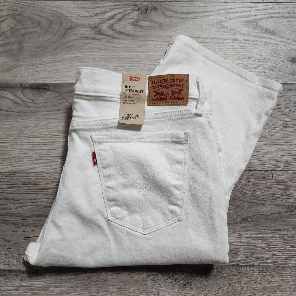 Levi Strauss 505 White Straight Leg Jeans Mid Rise Women's Size 14M 32W 32L NWT